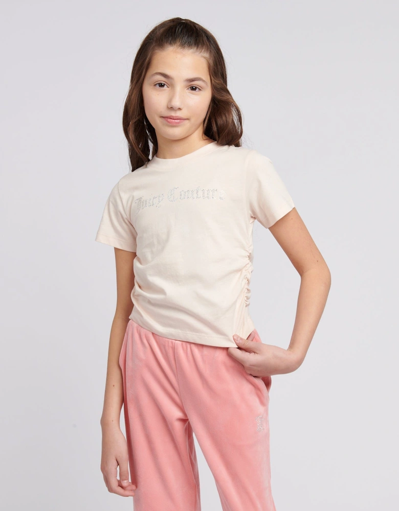 Girls Diamante Logo T-Shirt in Beige