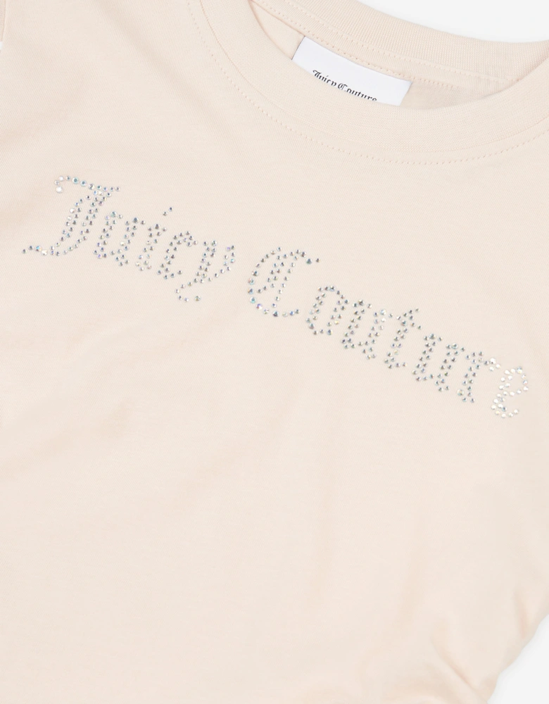 Girls Diamante Logo T-Shirt in Beige