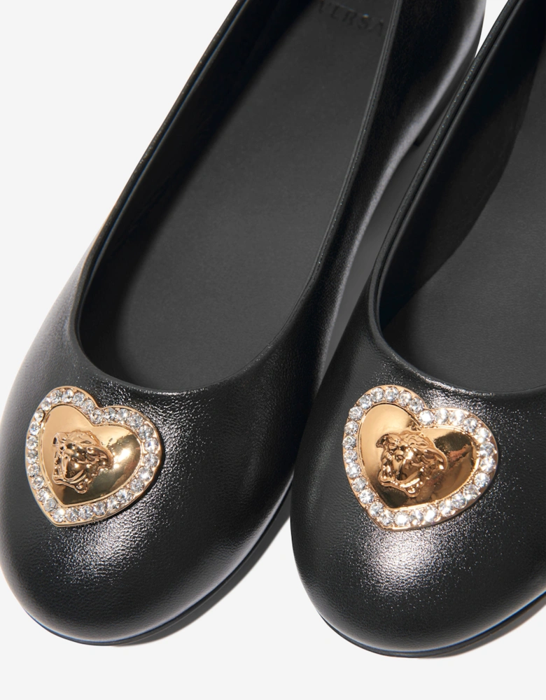 Girls Leather Ballerina Pumps in Black