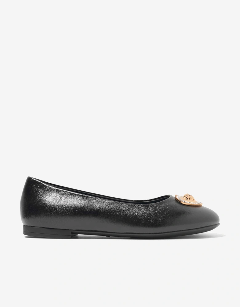 Girls Leather Ballerina Pumps in Black