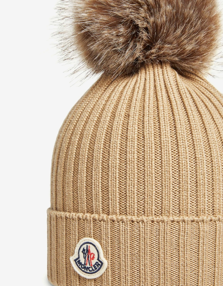 Girls Knitted Pom Pom Hat in Beige