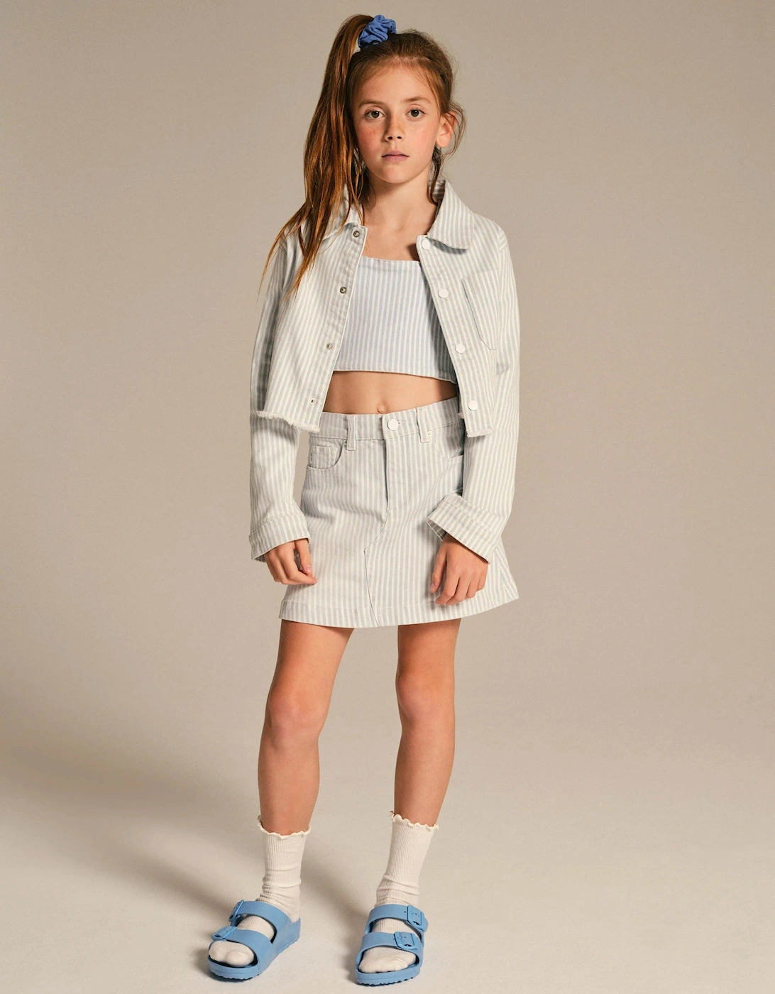Girls Cora Striped Ruffled Crop Top in Blue