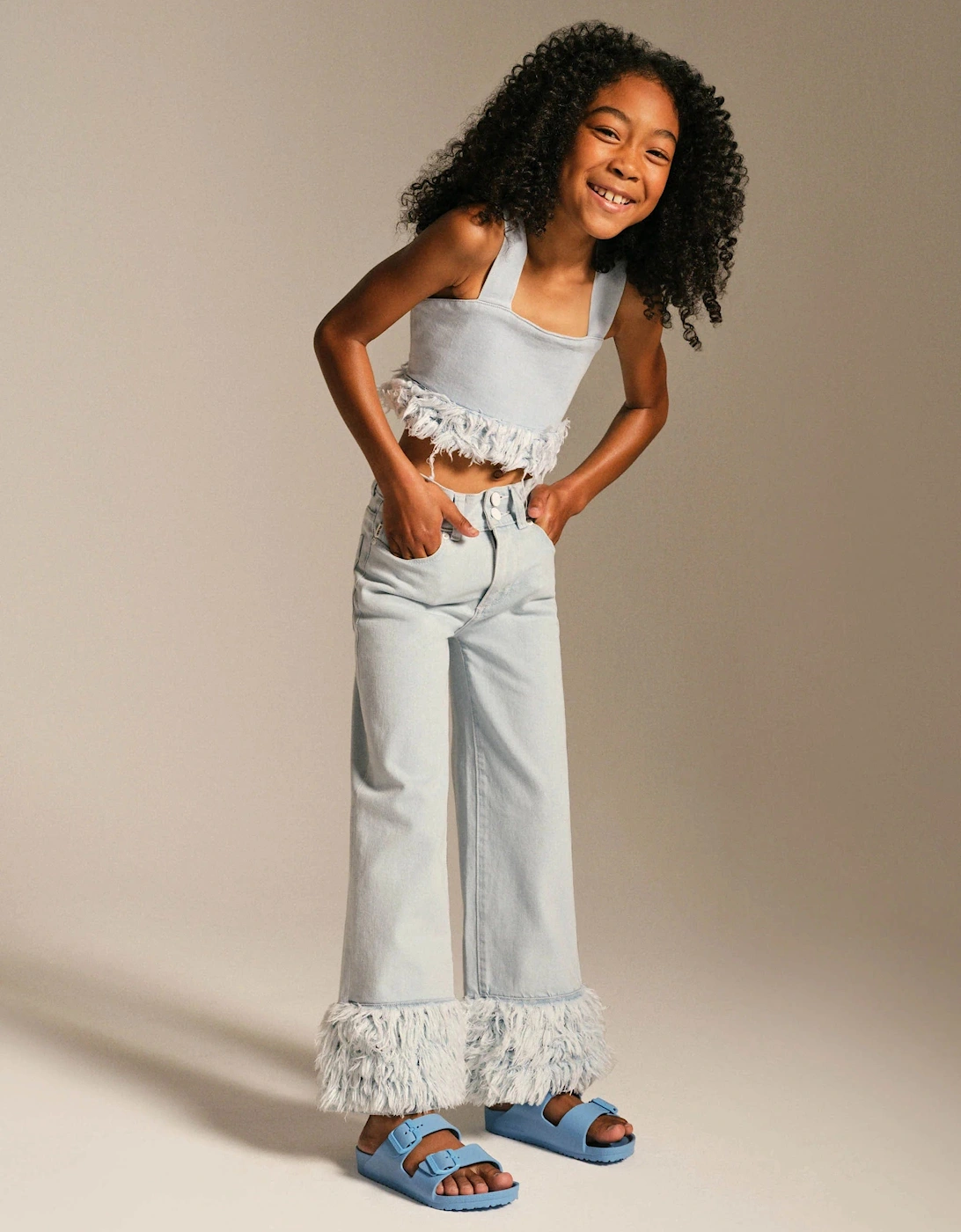 Girls Cora Denim Fur Crop Top in Blue