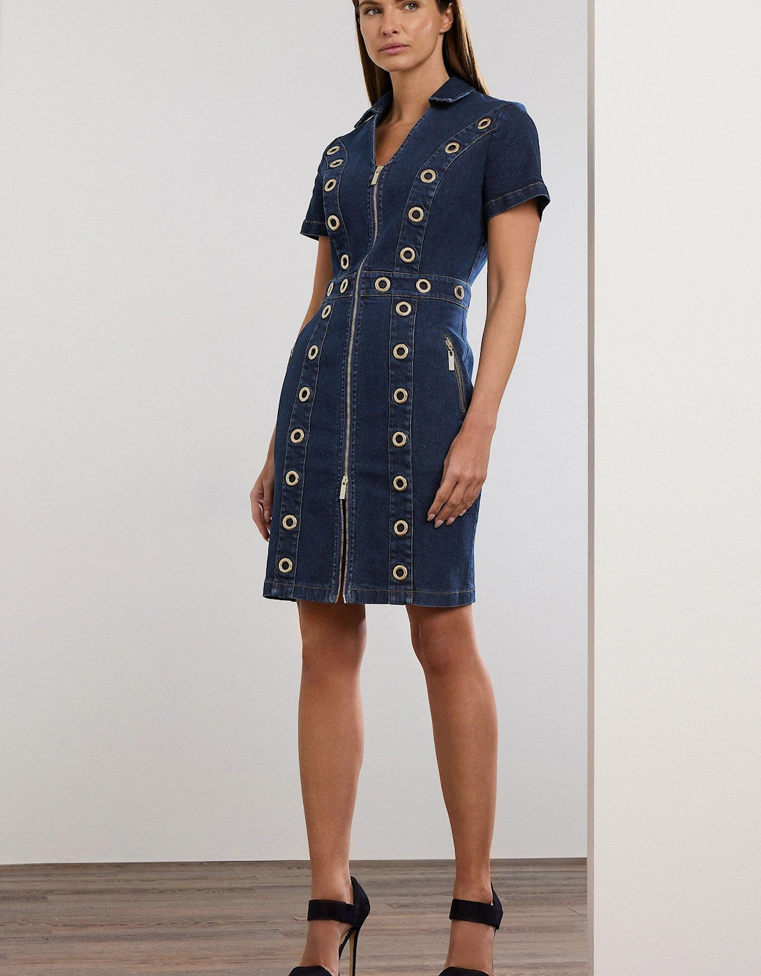 Denim Eyelet Mini Dress, 2 of 1