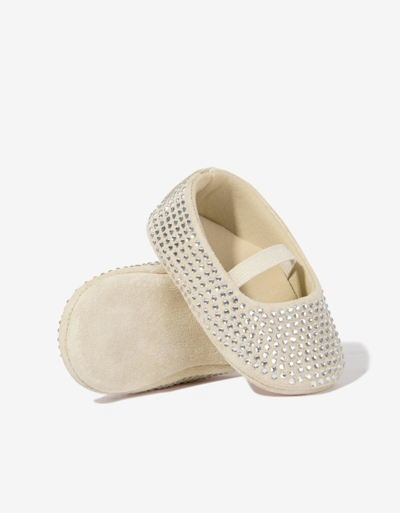 BABYWALKER Baby Girls Leather Diamonds Allover Ballerinas in Beige