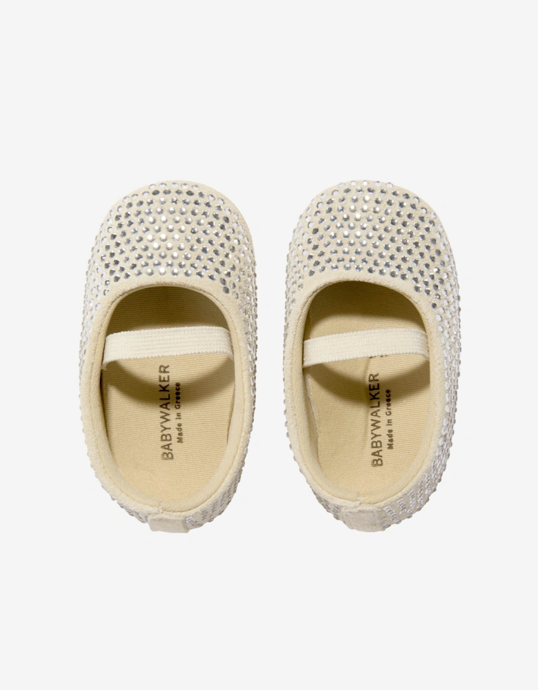 BABYWALKER Baby Girls Leather Diamonds Allover Ballerinas in Beige