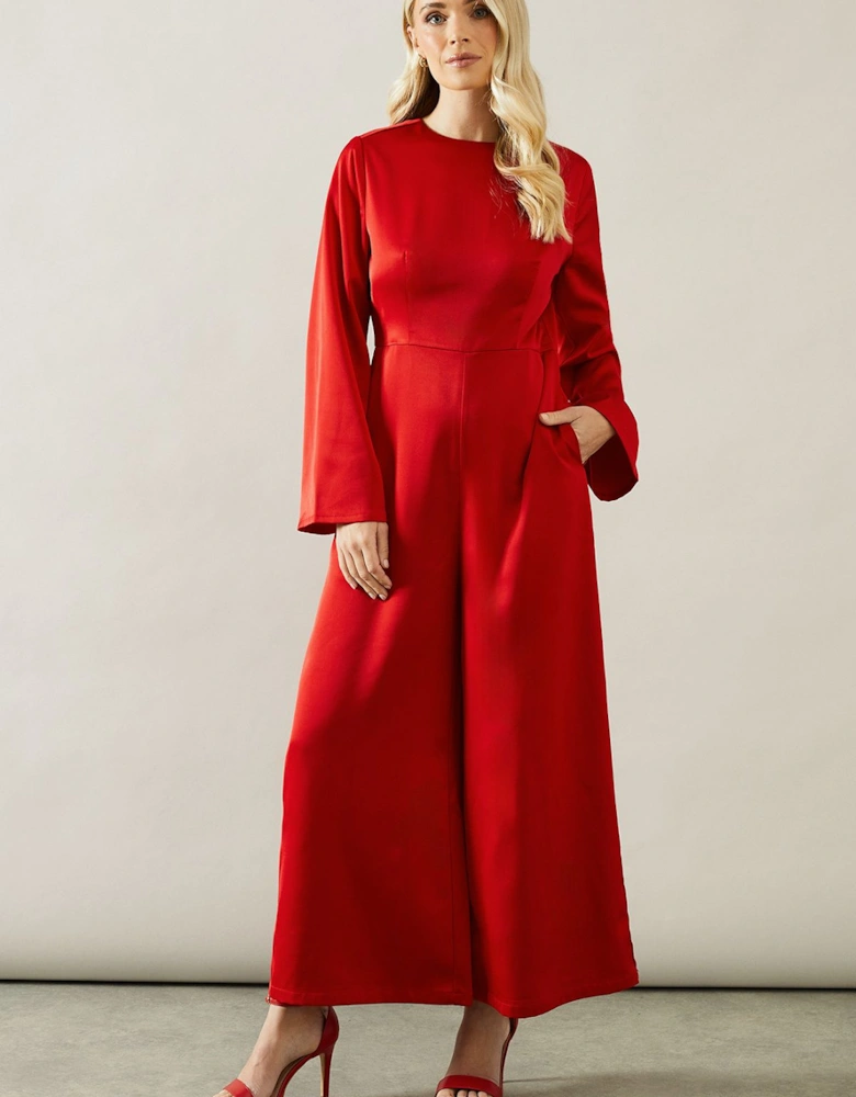 Petite Trumpet Sleeve Wide Leg Crepe Jumpsuit