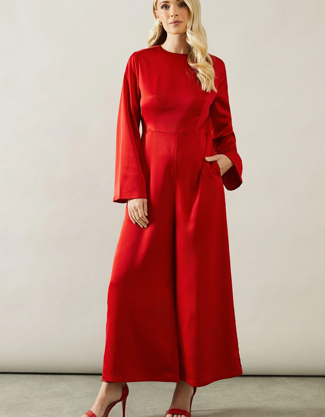 Petite Trumpet Sleeve Wide Leg Crepe Jumpsuit, 2 of 1