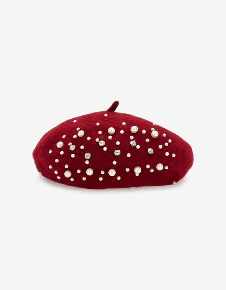 Girls Pearl Applique Beret in Red