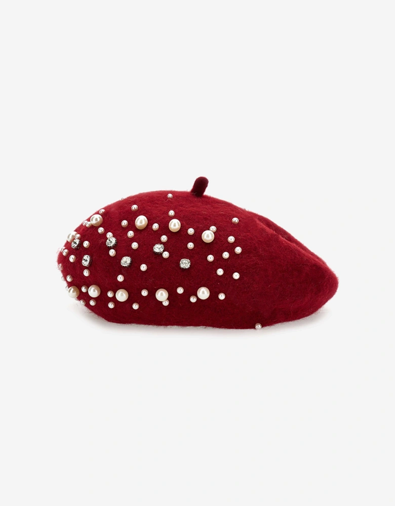 Girls Pearl Applique Beret in Red