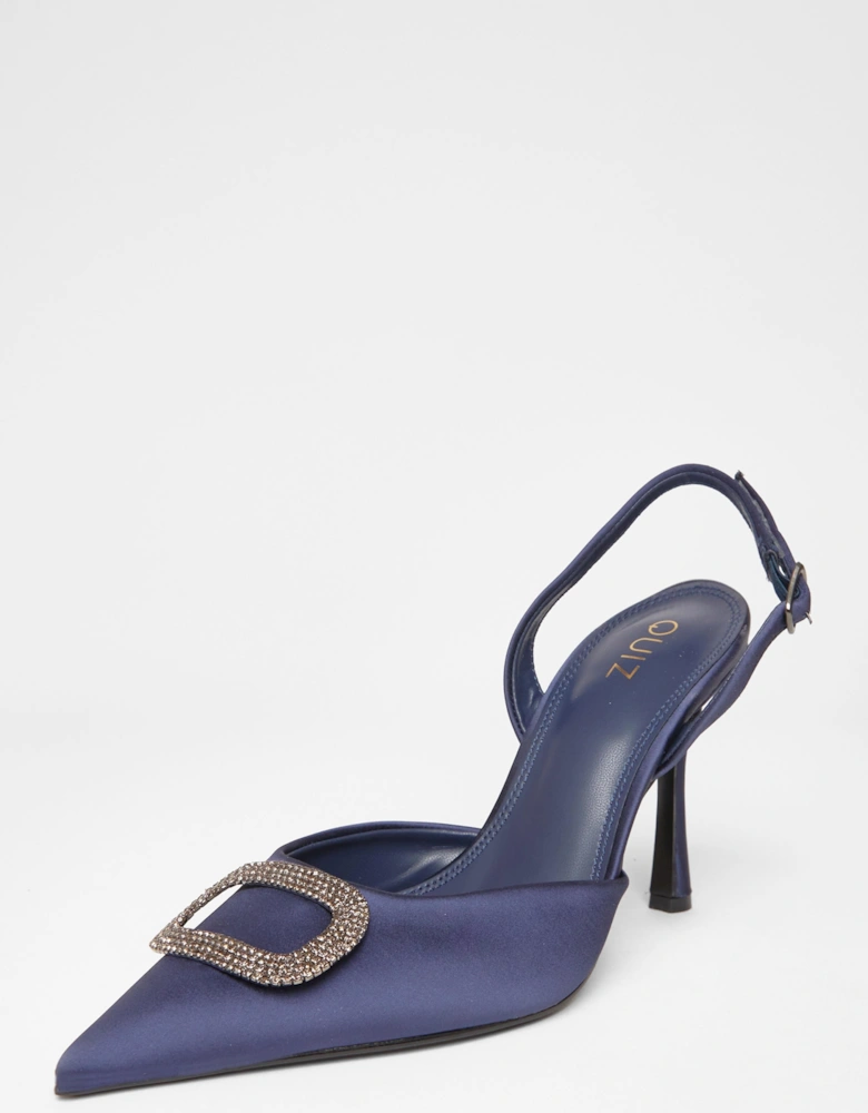 Navy Satin Brooch Court Heels