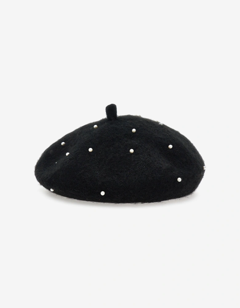 Girls Pearl Applique Beret in Black