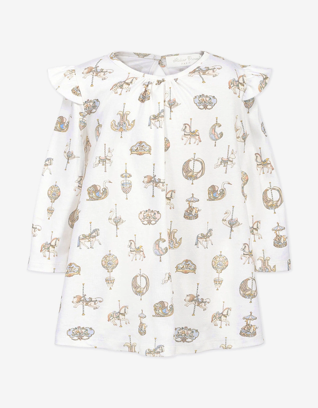 Atelier Choux Girls White Baby Carousel Jersey Dress In  12-18 Months Size 12 - 18 Mths Kids