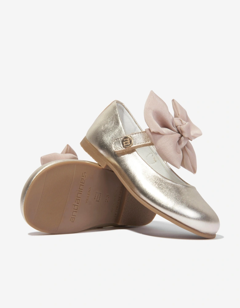 Girls Leather Bow Shoes in Gold