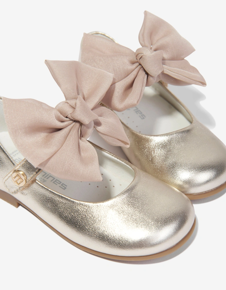 Girls Leather Bow Shoes in Gold