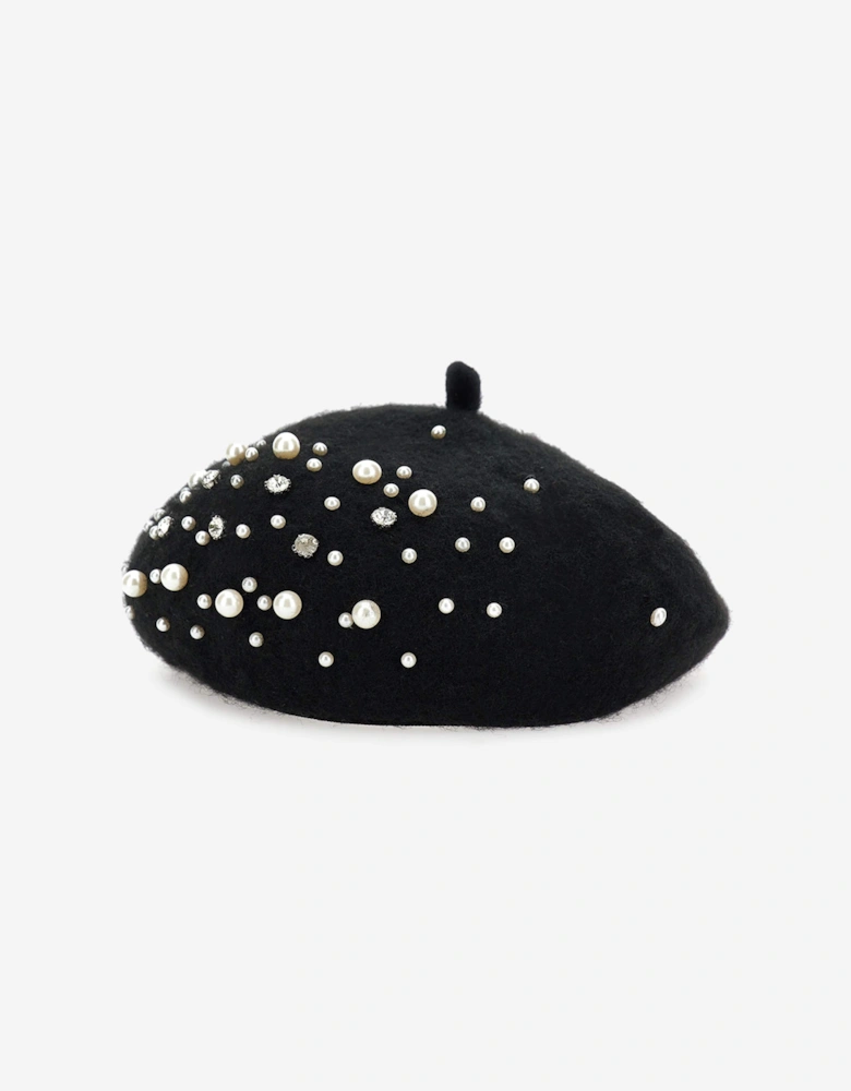 Girls Pearl Applique Beret in Black