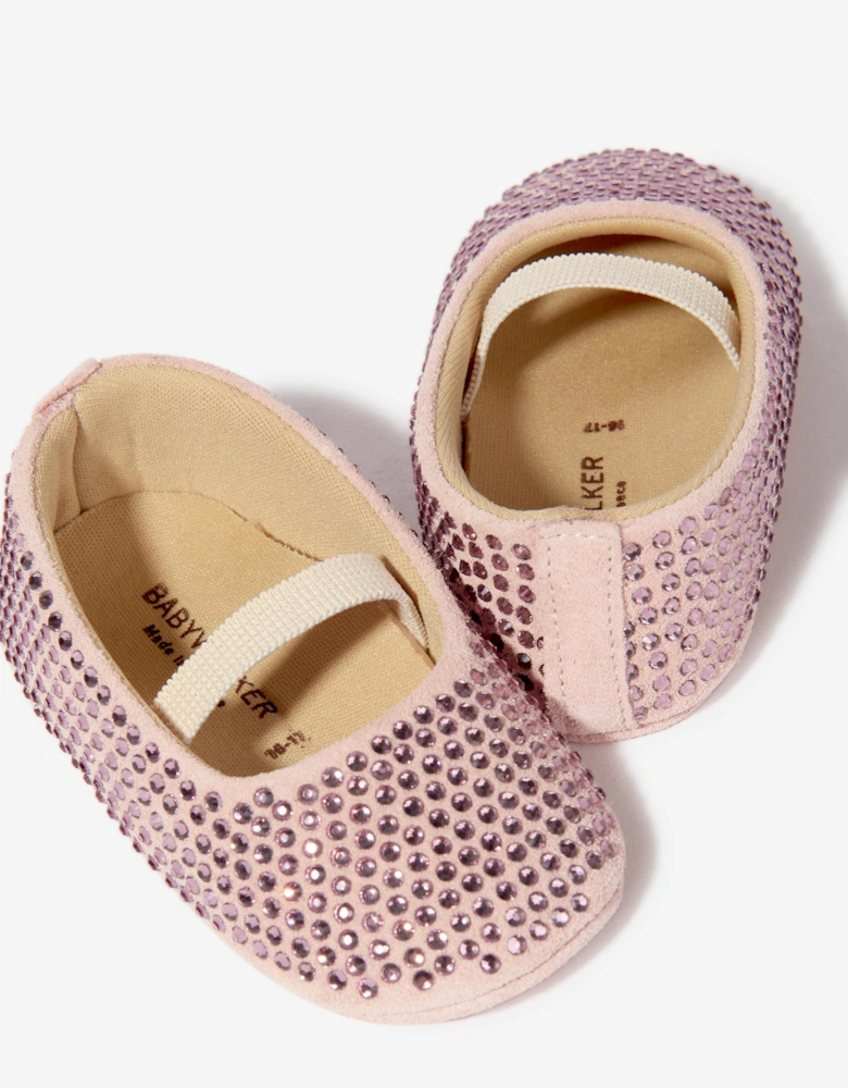 BABYWALKER Baby Girls Leather Diamonds Allover Ballerinas in Pink