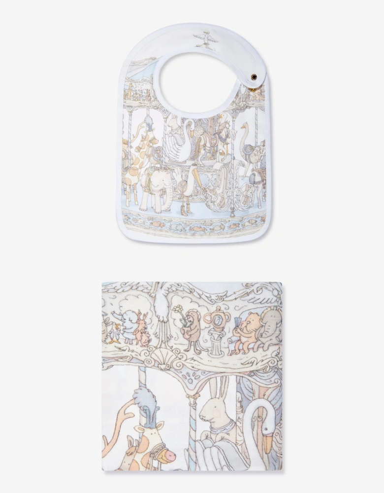 Baby Boys Carousel Swaddle And Satin Bib Gift Set in Blue
