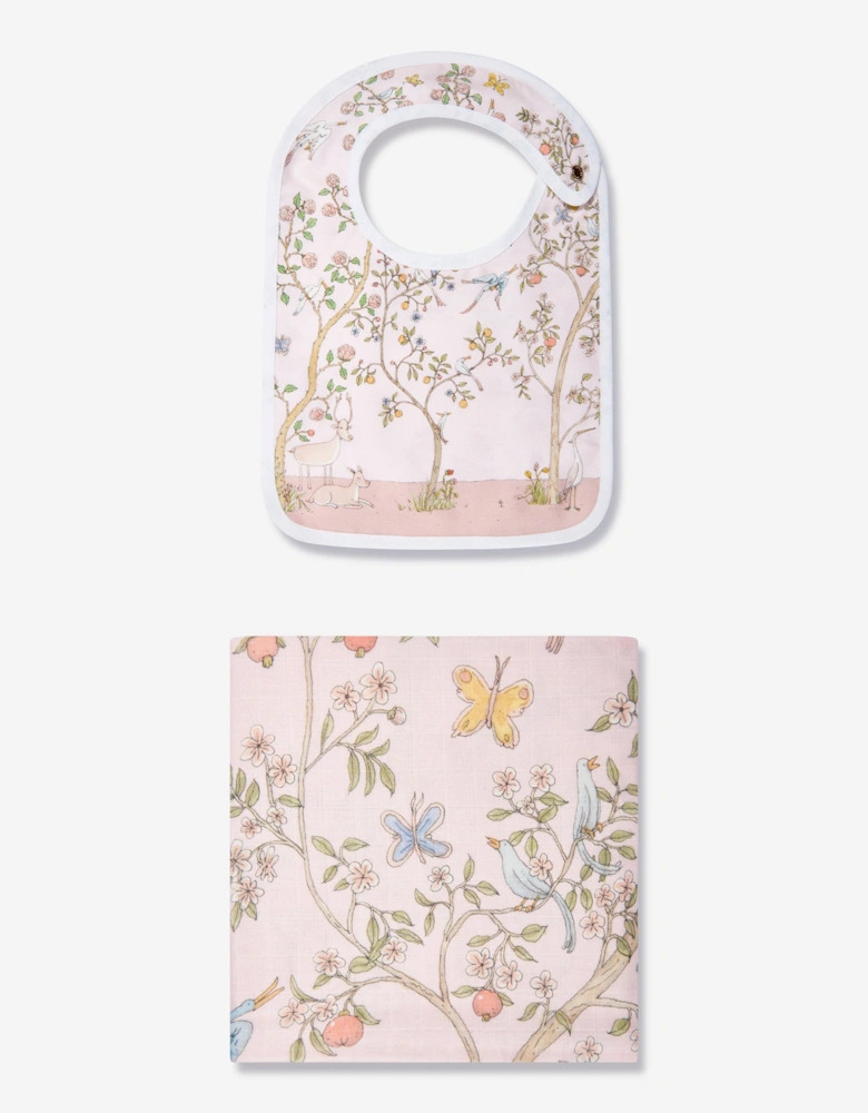 Baby Girls In Bloom Swaddle And Satin Bib Gift Set in Pink