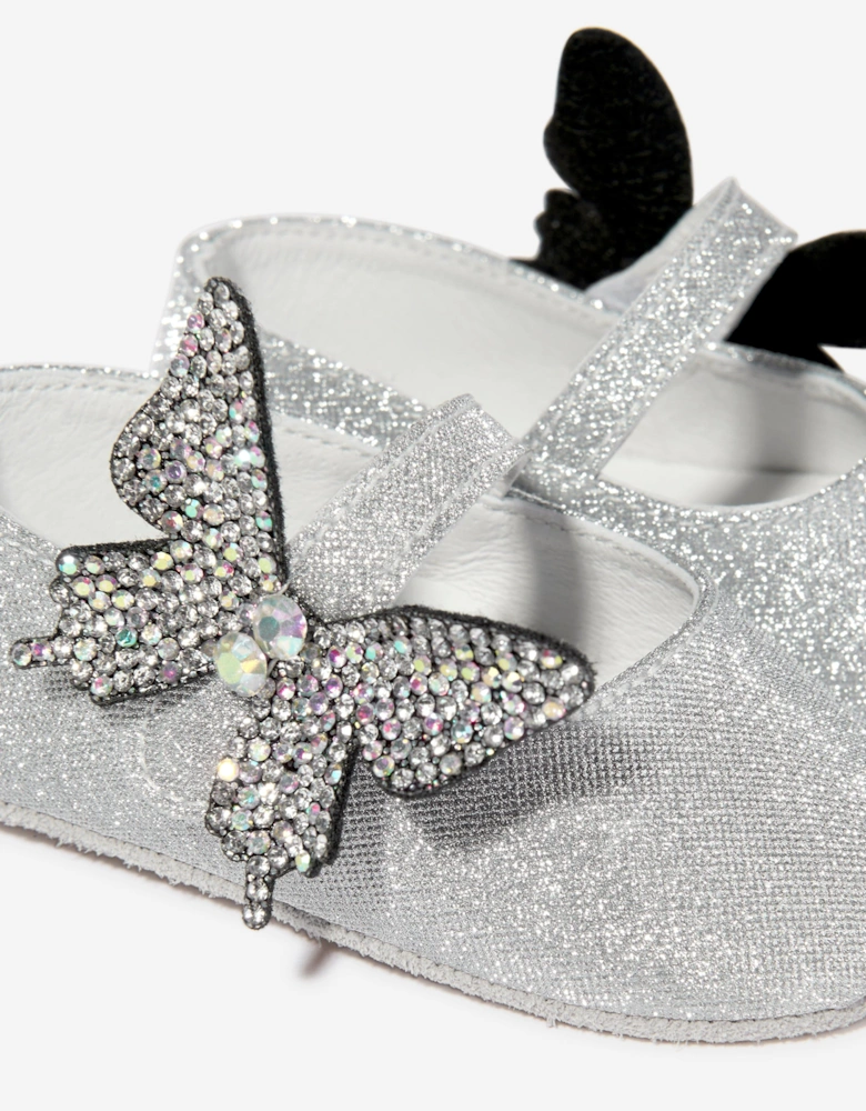 BABYWALKER Baby Girls Strass Butterfly Shiny Ballerinas in Silver