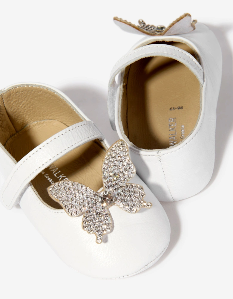 BABYWALKER Baby Girls Leather Crystal Butterfly Ballerinas in White