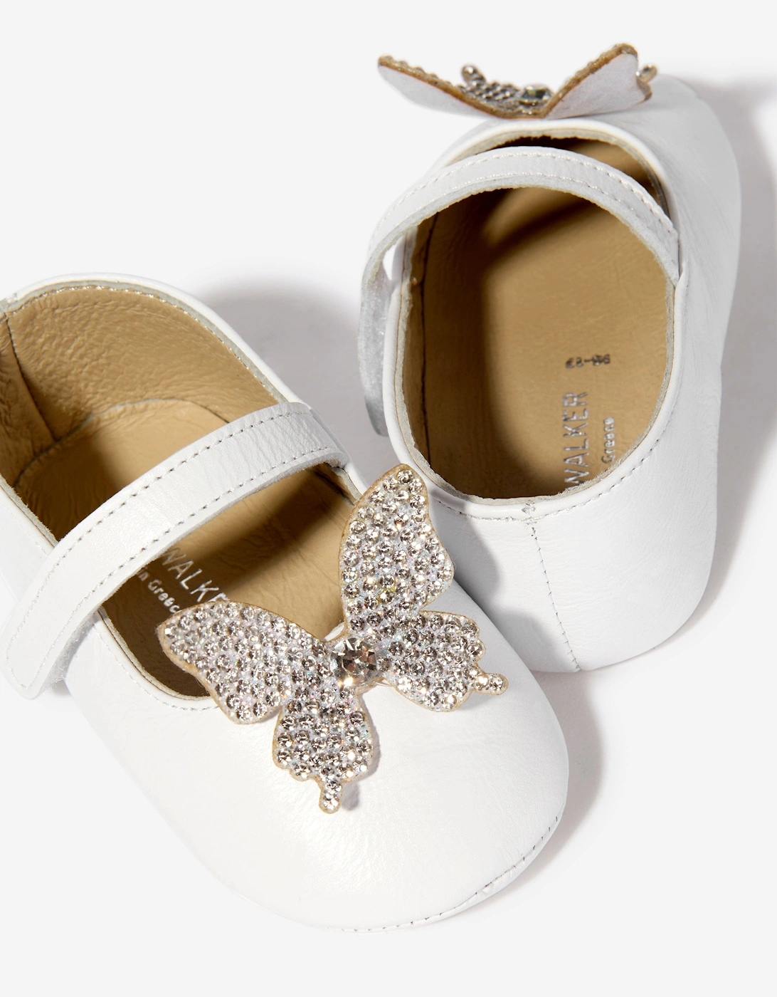 BABYWALKER Baby Girls Leather Crystal Butterfly Ballerinas in White