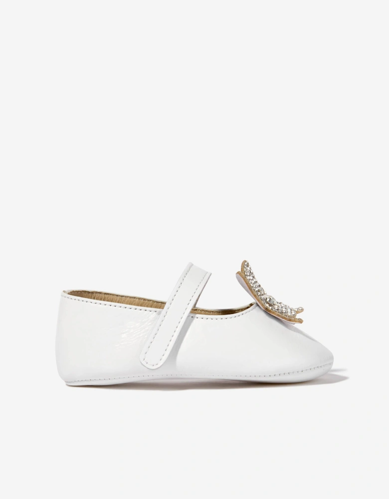 BABYWALKER Baby Girls Leather Crystal Butterfly Ballerinas in White