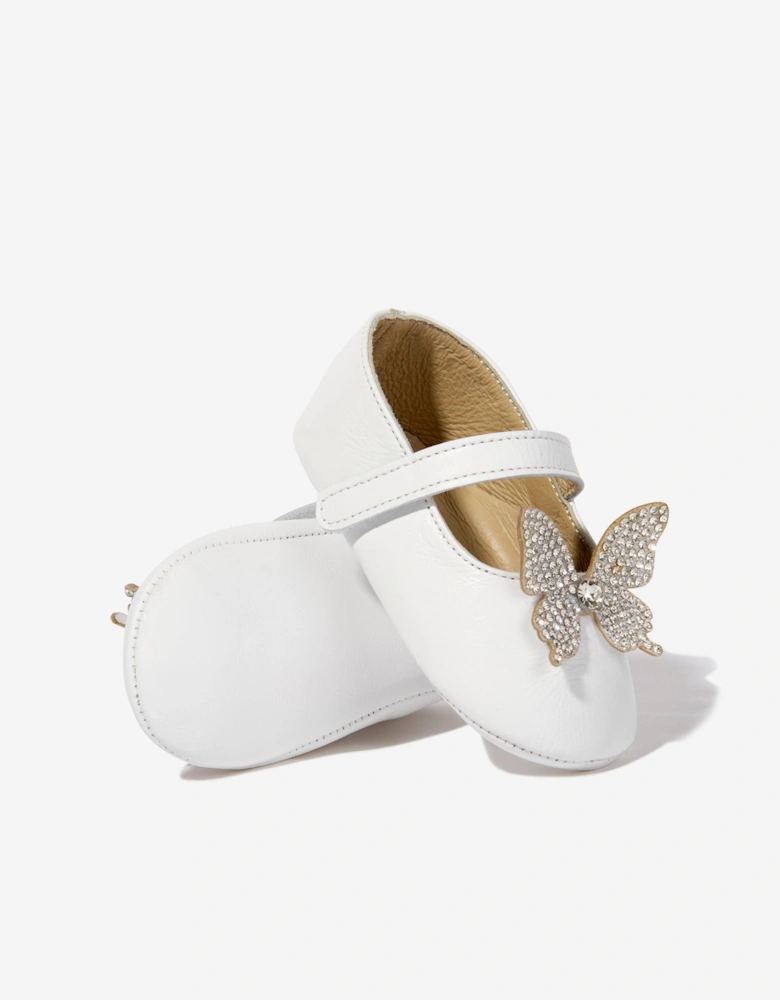 BABYWALKER Baby Girls Leather Crystal Butterfly Ballerinas in White