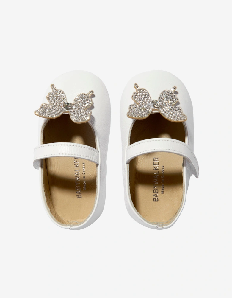 BABYWALKER Baby Girls Leather Crystal Butterfly Ballerinas in White
