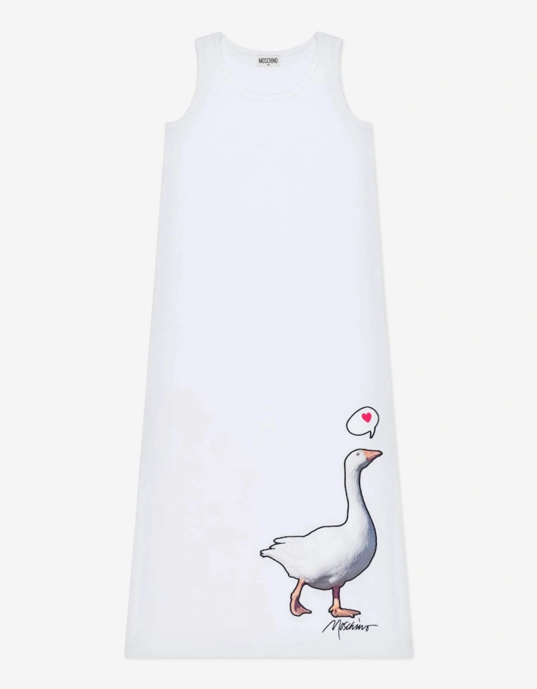 Girls Sleeveless Goose Print Dress in White