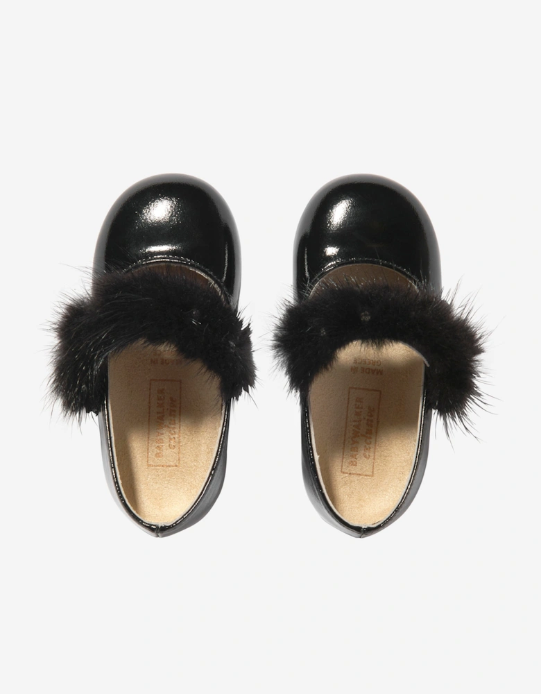 BABYWALKER Girls Patent Leather Faux Fur Trim Ballerinas in Black