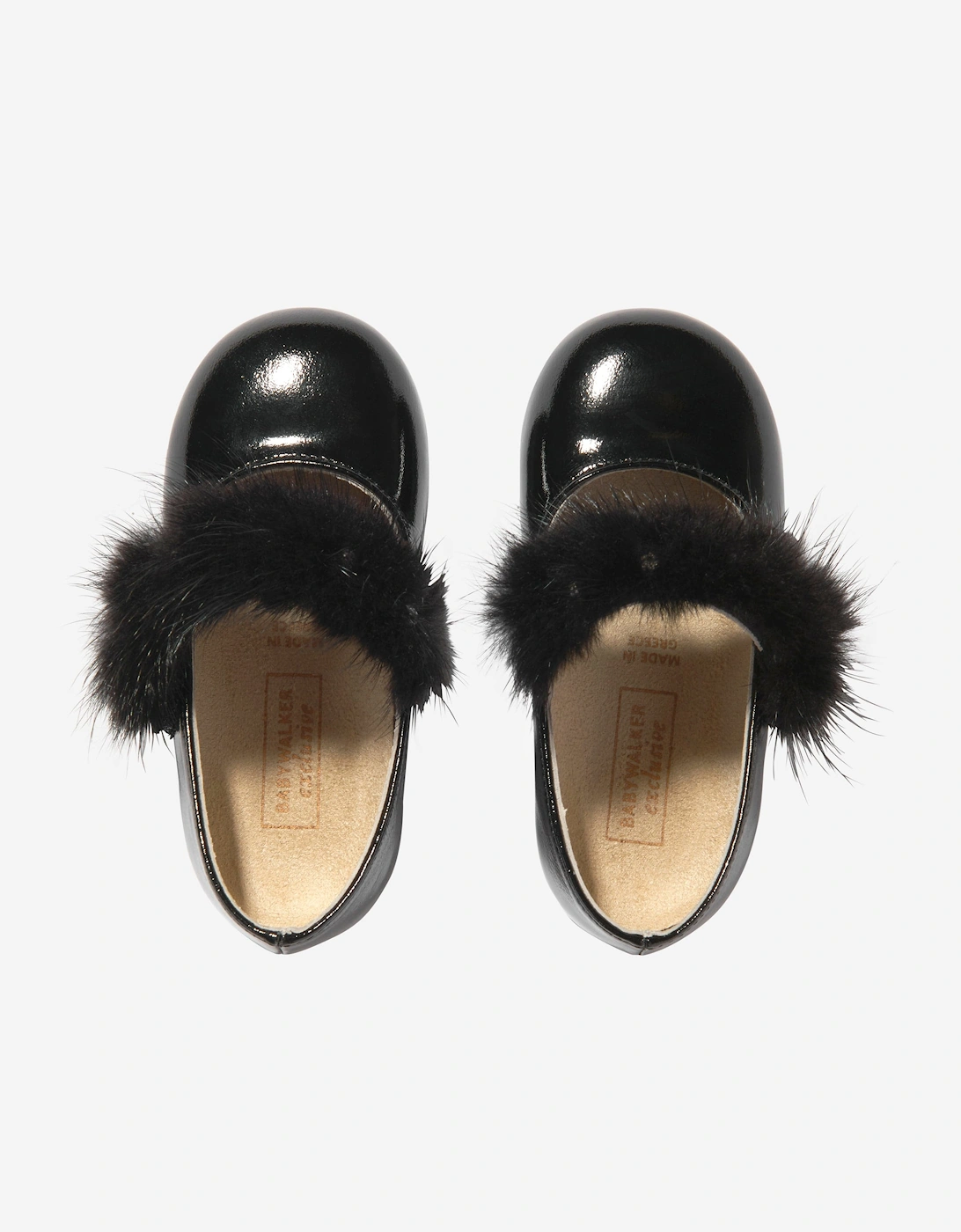 BABYWALKER Girls Patent Leather Faux Fur Trim Ballerinas in Black