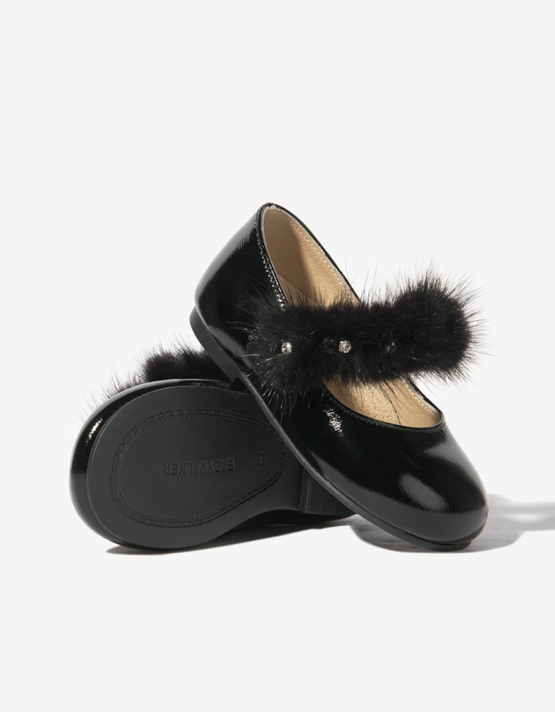BABYWALKER Girls Patent Leather Faux Fur Trim Ballerinas in Black