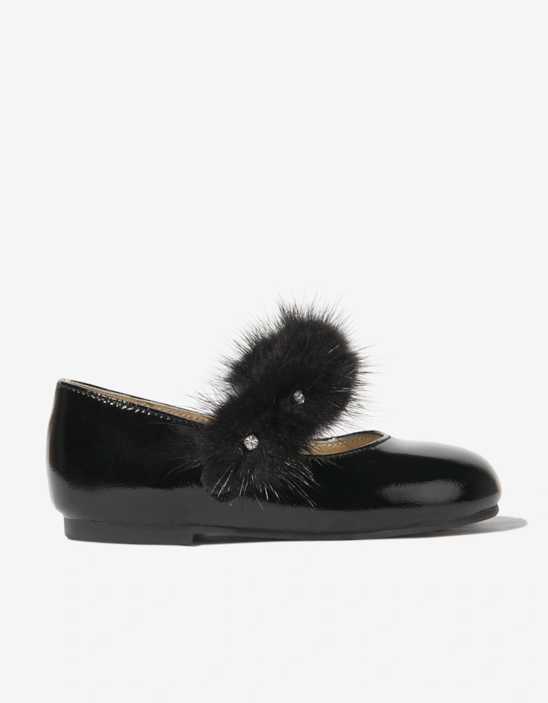 BABYWALKER Girls Patent Leather Faux Fur Trim Ballerinas in Black