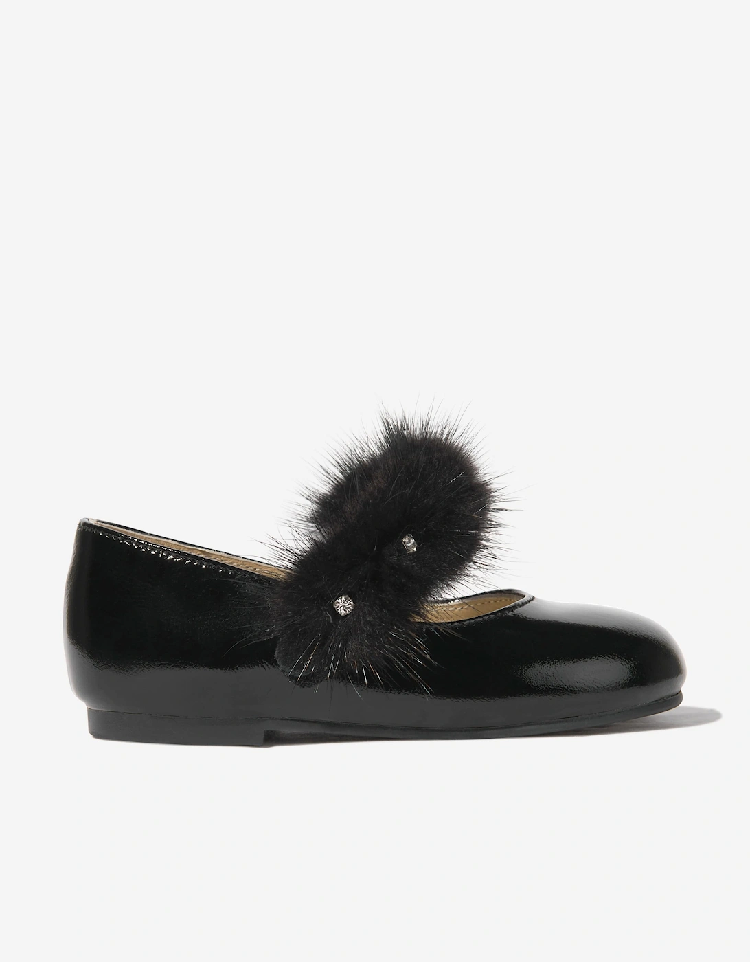 BABYWALKER Girls Patent Leather Faux Fur Trim Ballerinas in Black, 5 of 4