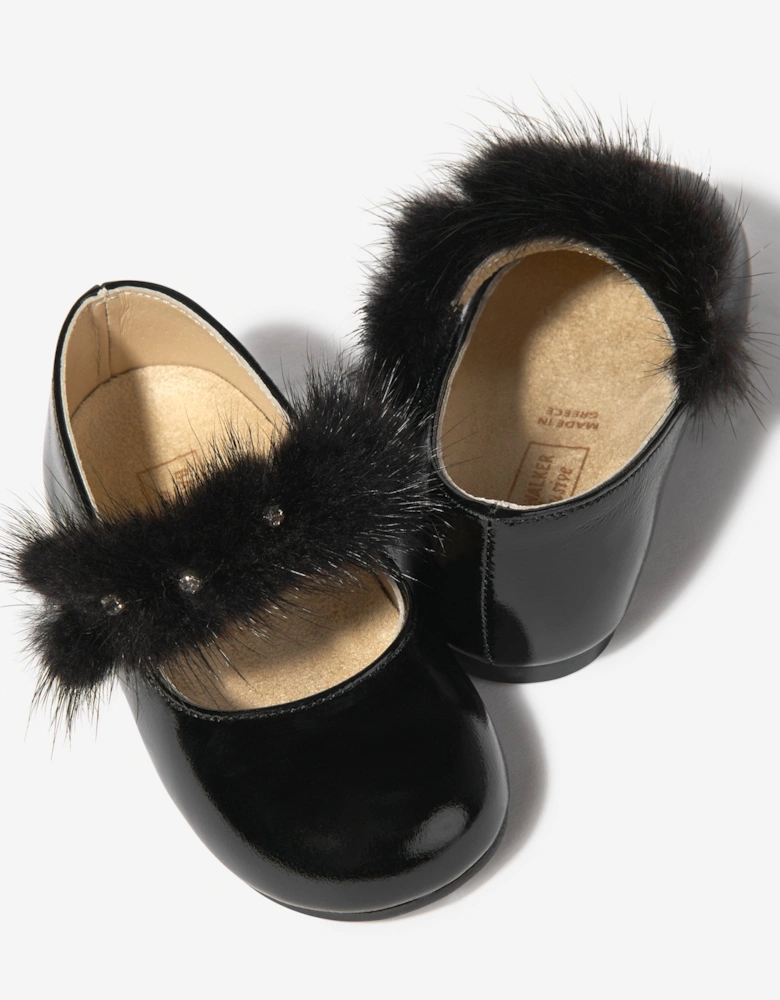 BABYWALKER Girls Patent Leather Faux Fur Trim Ballerinas in Black