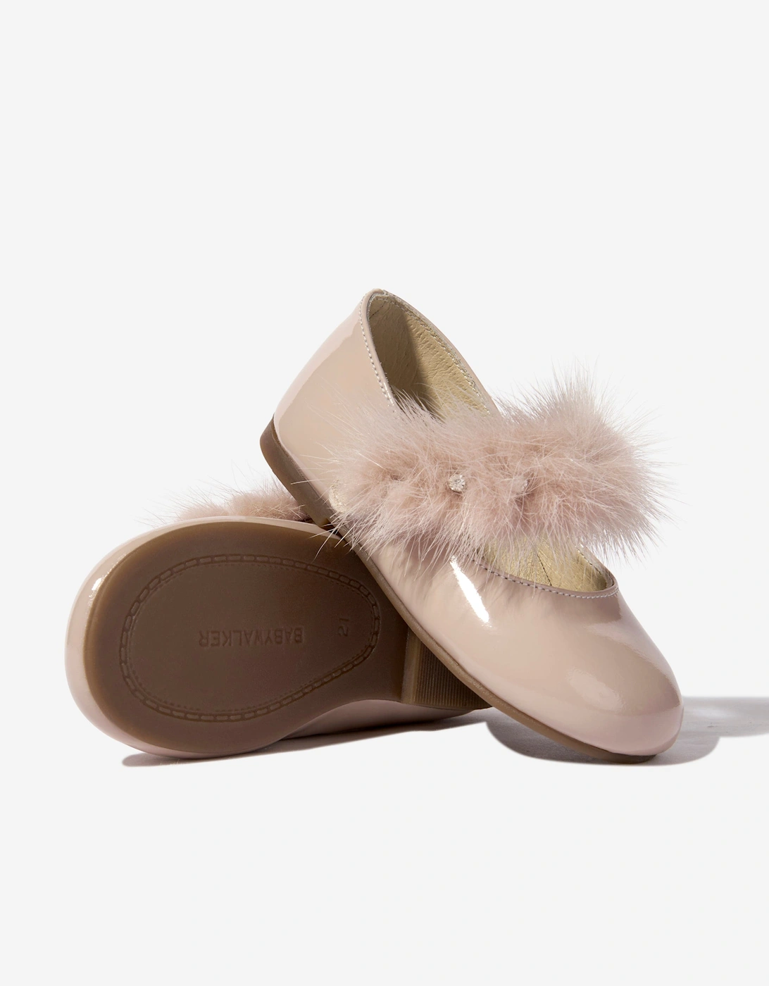 BABYWALKER Girls Patent Leather Faux Fur Trim Ballerinas in Pink
