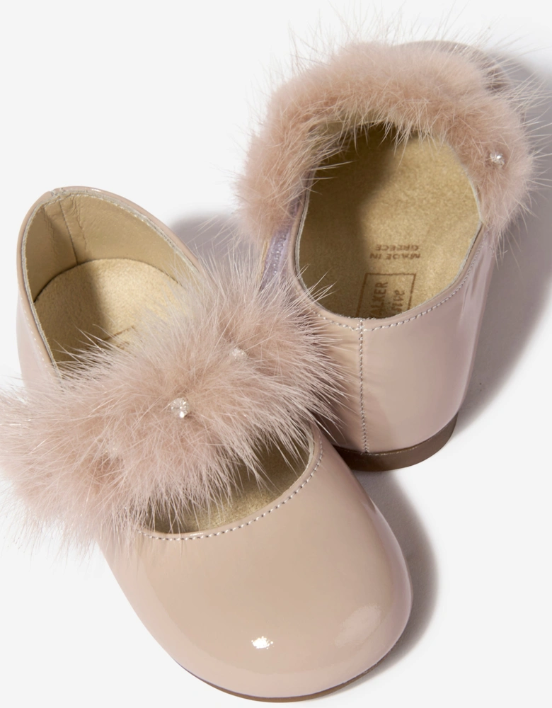 BABYWALKER Girls Patent Leather Faux Fur Trim Ballerinas in Pink