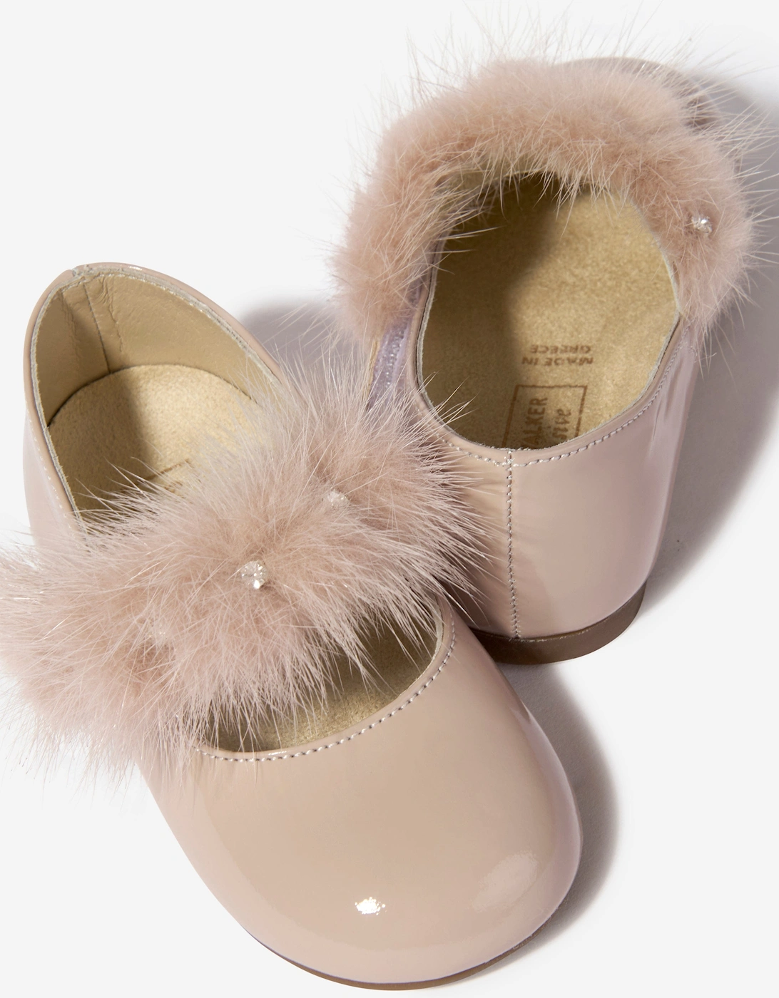 BABYWALKER Girls Patent Leather Faux Fur Trim Ballerinas in Pink