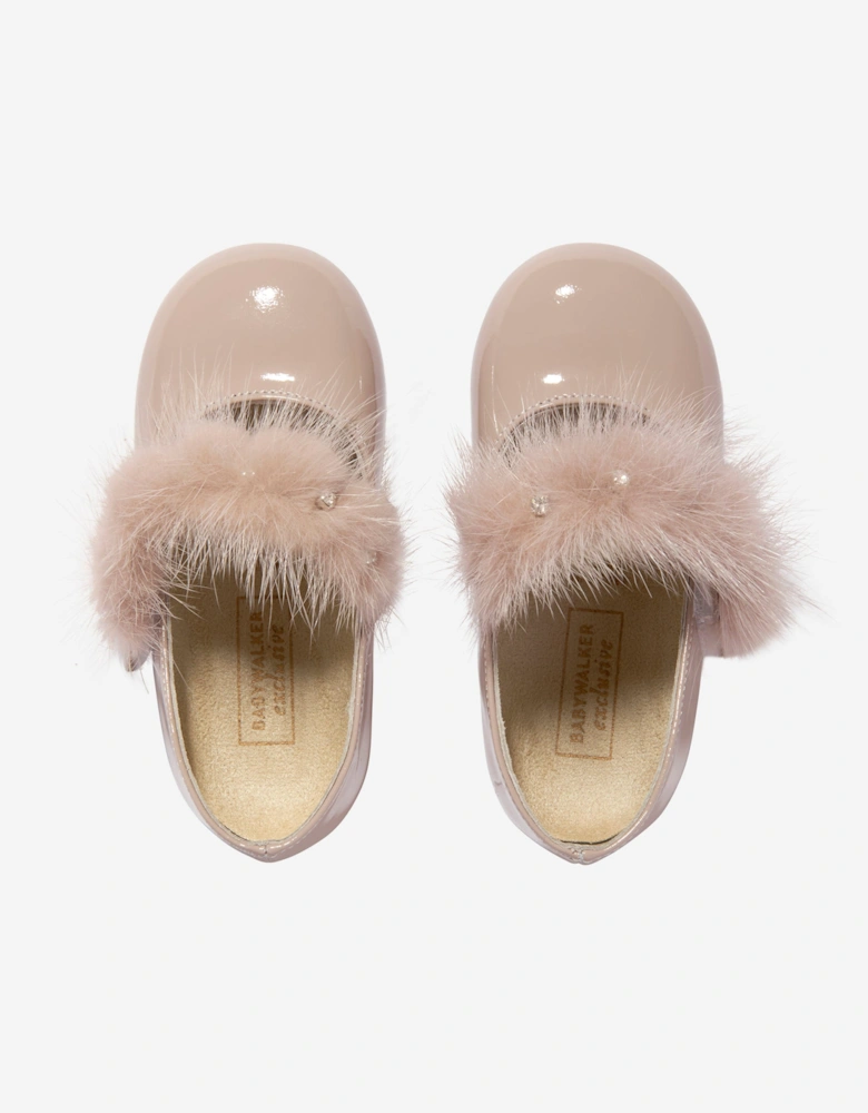 BABYWALKER Girls Patent Leather Faux Fur Trim Ballerinas in Pink