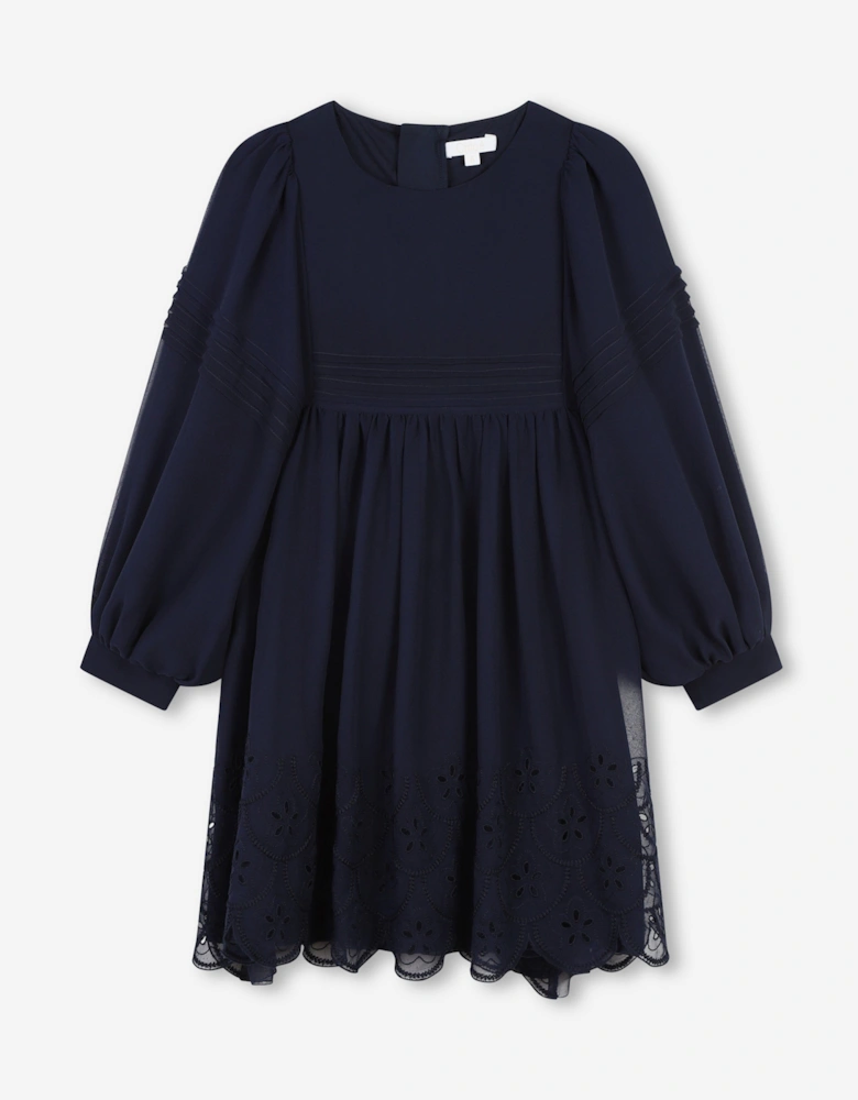 Girls Silk Embroidered Dress in Navy