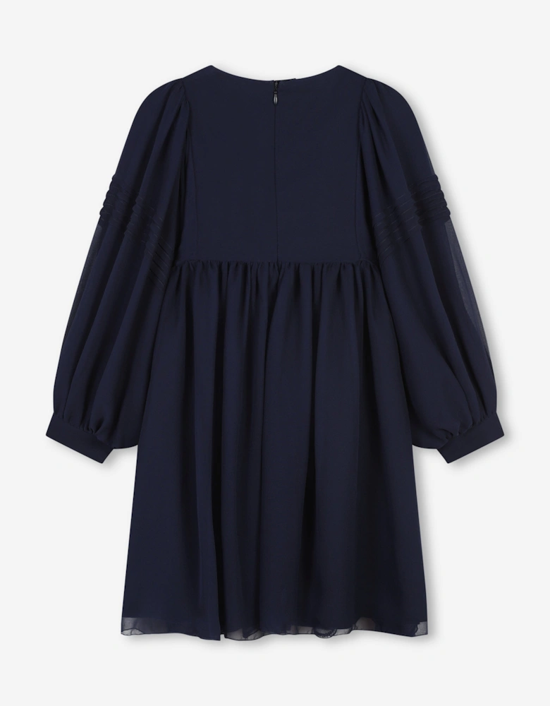 Girls Silk Embroidered Dress in Navy