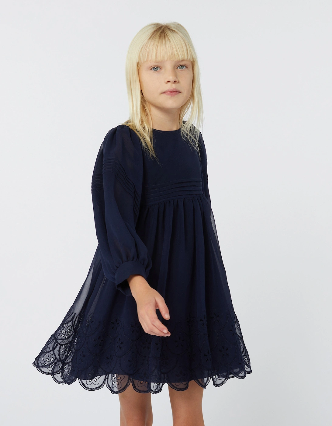 Girls Silk Embroidered Dress in Navy