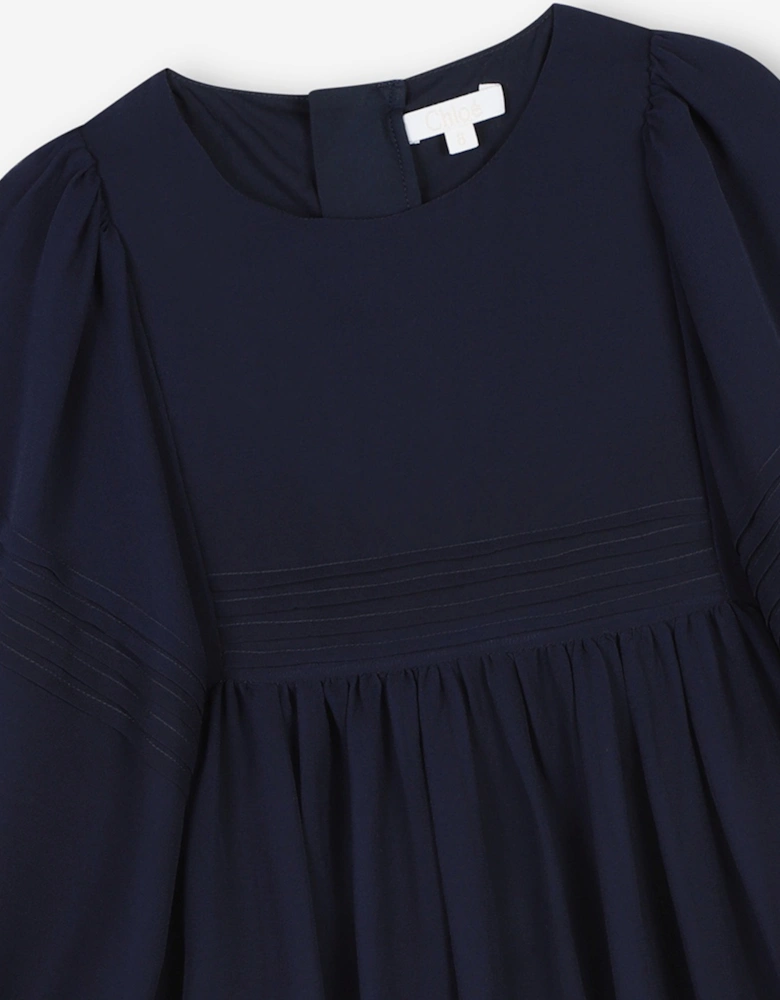 Girls Silk Embroidered Dress in Navy