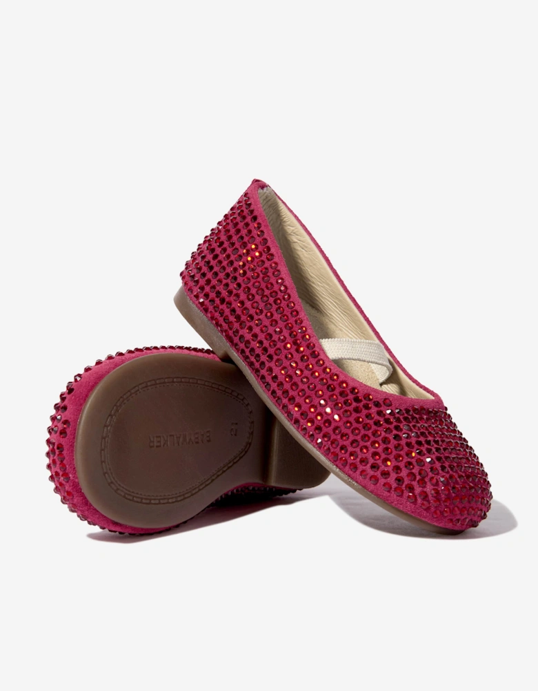 BABYWALKER Girls Suede Swarovski Crystals Allover Ballerinas in Red