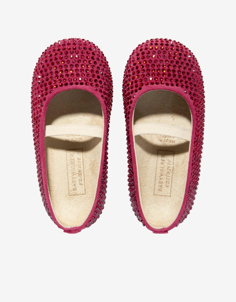 BABYWALKER Girls Suede Swarovski Crystals Allover Ballerinas in Red