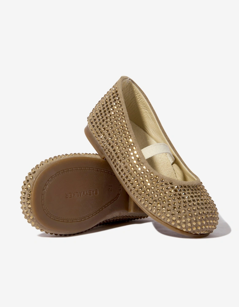 BABYWALKER Girls Suede Swarovski Crystals Allover Ballerinas in Beige