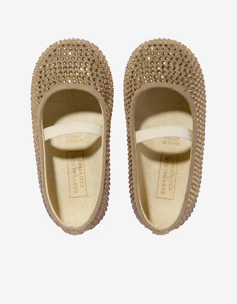 BABYWALKER Girls Suede Swarovski Crystals Allover Ballerinas in Beige