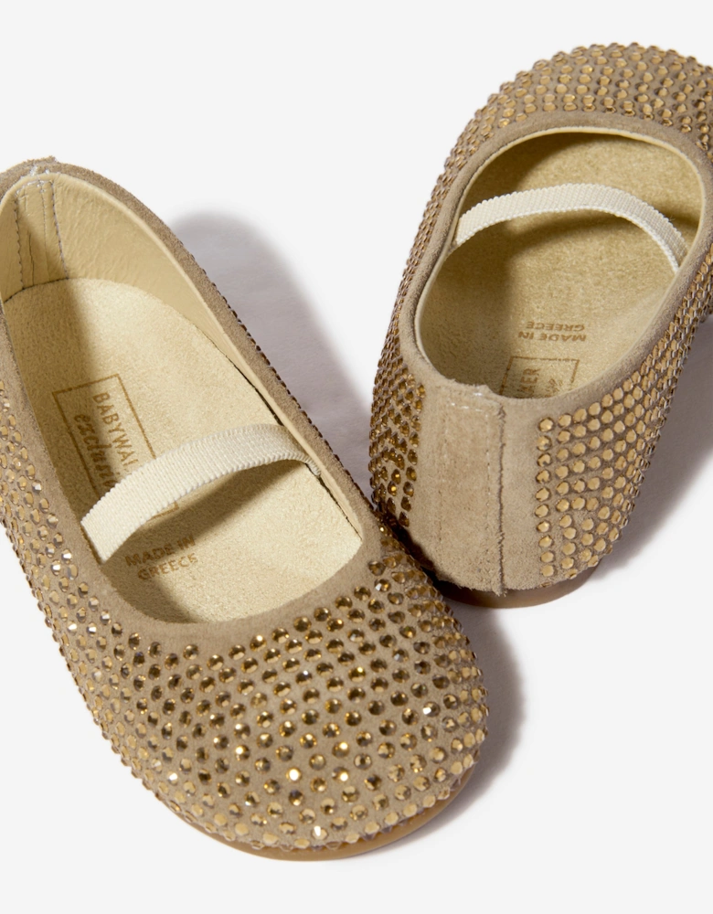 BABYWALKER Girls Suede Swarovski Crystals Allover Ballerinas in Beige