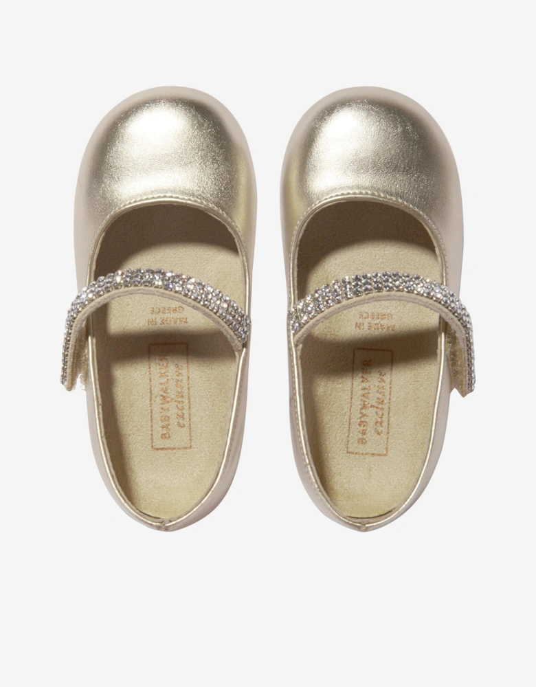 BABYWALKER Girls Swarovski Crystals Strap Ballerinas in Gold